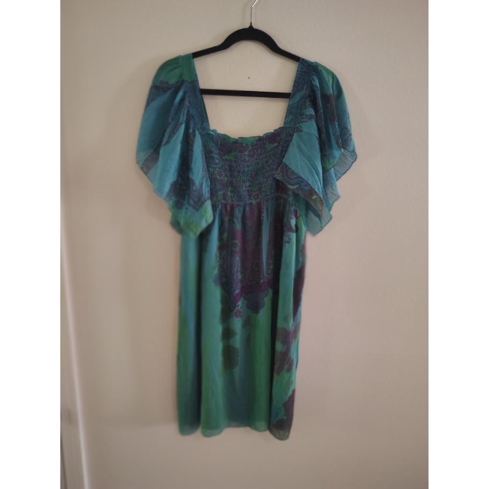 One World Live and Let Live Teal‎ Purple Paisley Smocked Flutter Sleeve Dress L